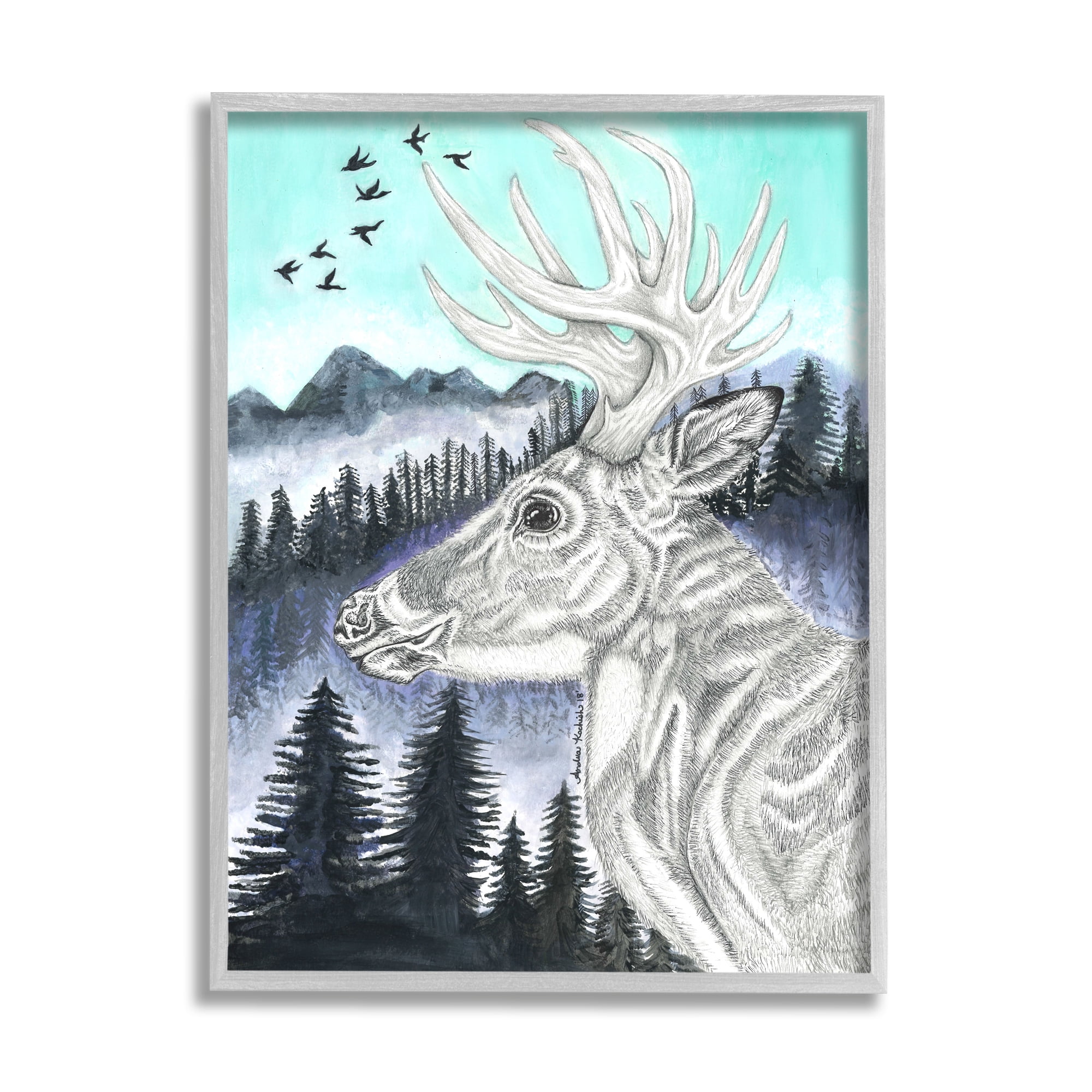Stupell Indtries Elk Pencil Pattern Portrait Blue Mountain Forest Landscape,24 x 30,Design by Andrea Kochish