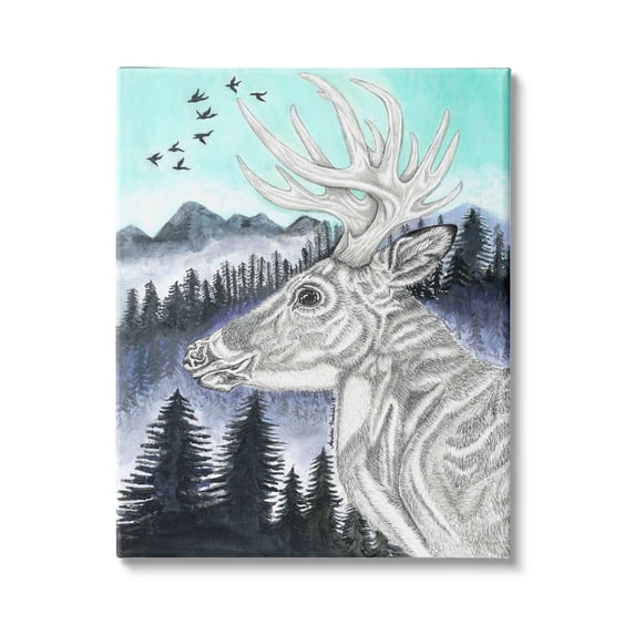 Stupell Indtries Elk Pencil Pattern Portrait Blue Mountain Forest Landscape,30 x 40,Design by Andrea Kochish