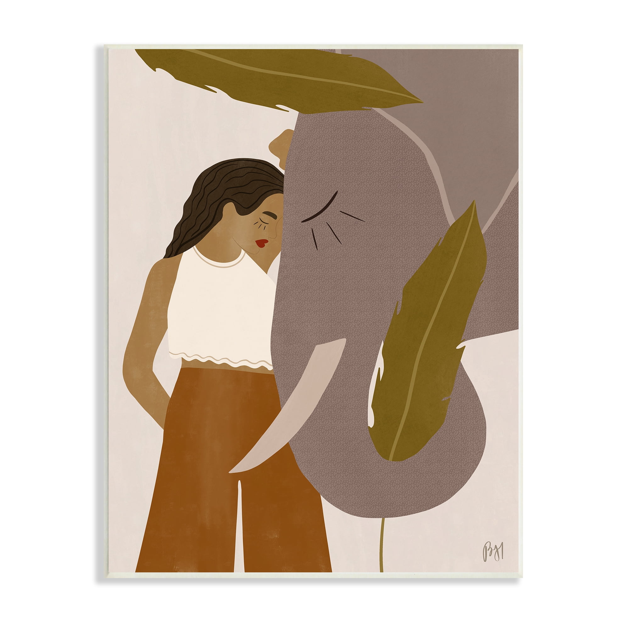 Stupell Indtries Female Standing with Elephant Earth Tone Portrait,10 x 15,Design by Birch&Ink