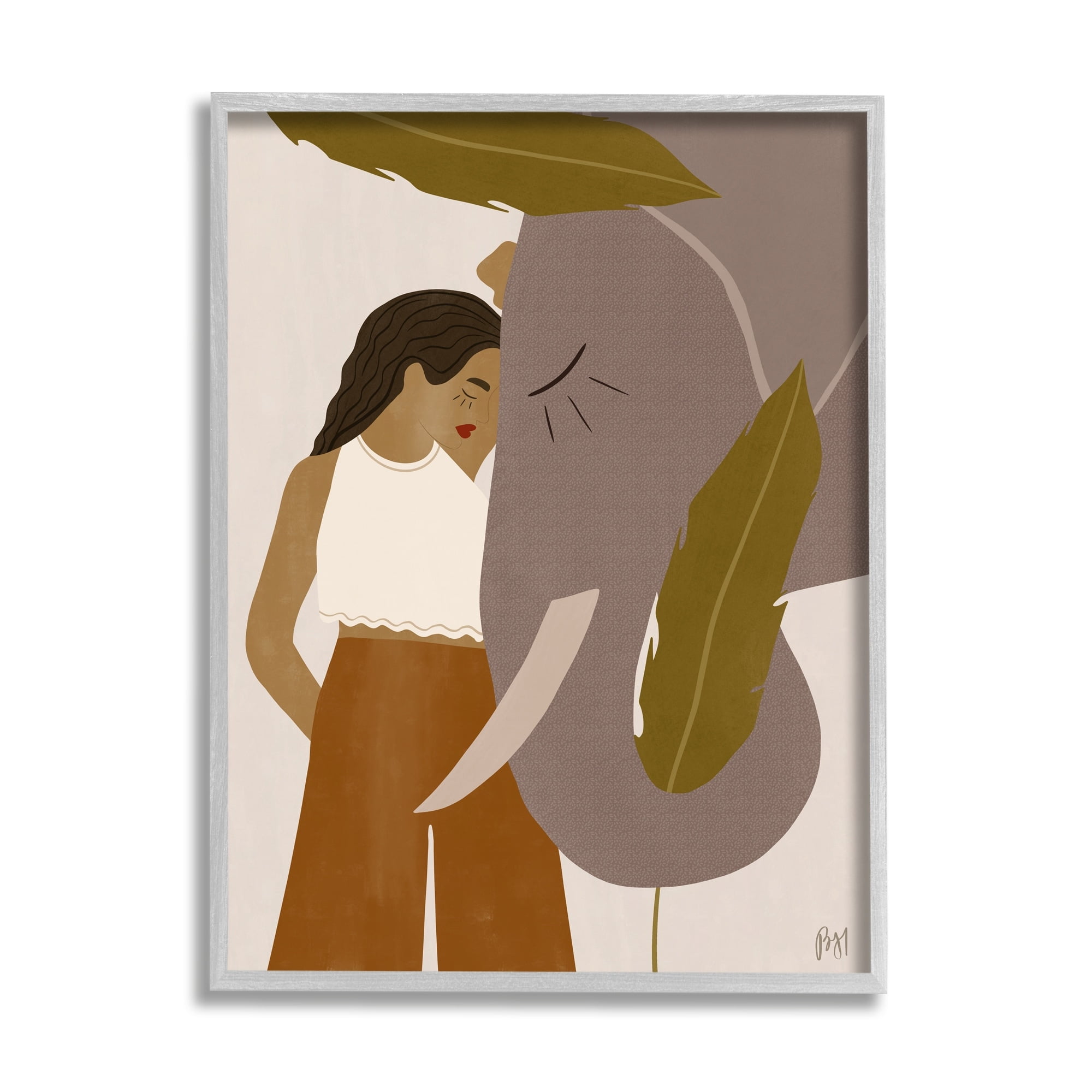 Stupell Indtries Female Standing with Elephant Earth Tone Portrait,16 x 20,Design by Birch&Ink