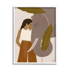 Stupell Indtries Female Standing with Elephant Earth Tone Portrait,24 x 30,Design by Birch&Ink
