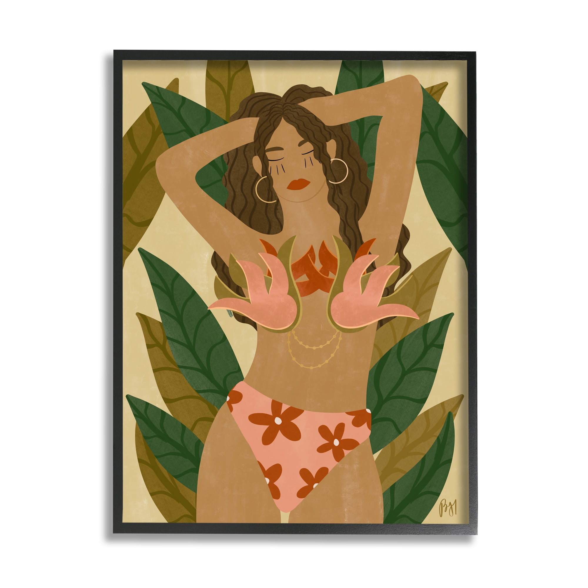 Stupell Indtries Female in Fierce Pink Bikini Over Tropical Plants,11 x 14,Design by Birch&Ink