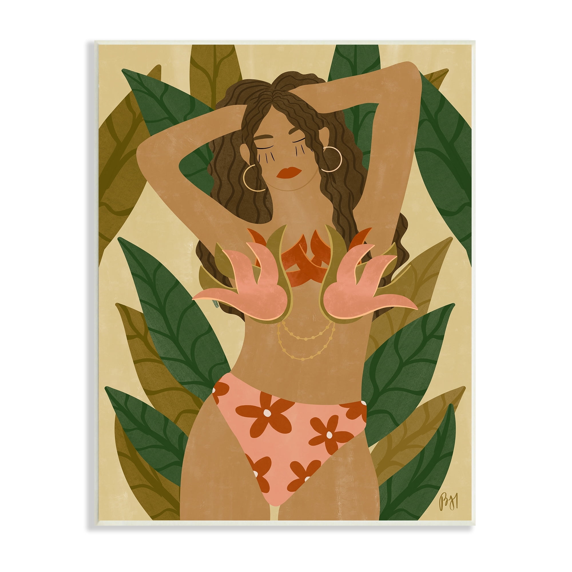 Stupell Indtries Female in Fierce Pink Bikini Over Tropical Plants,13 x 19,Design by Birch&Ink
