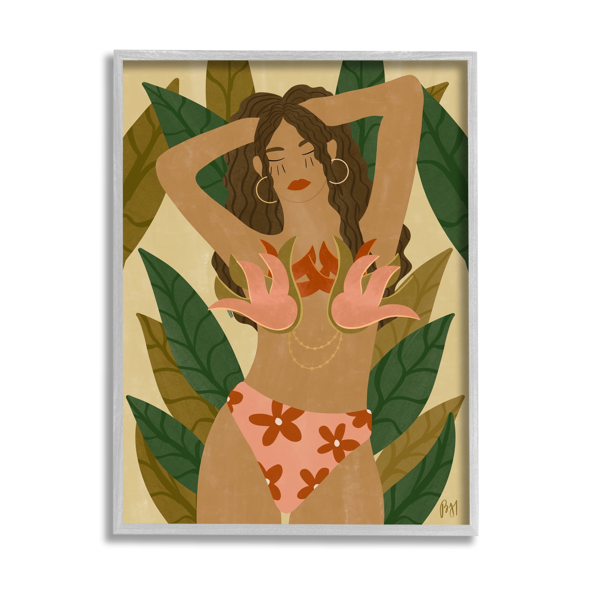 Stupell Indtries Female in Fierce Pink Bikini Over Tropical Plants,16 x 20,Design by Birch&Ink