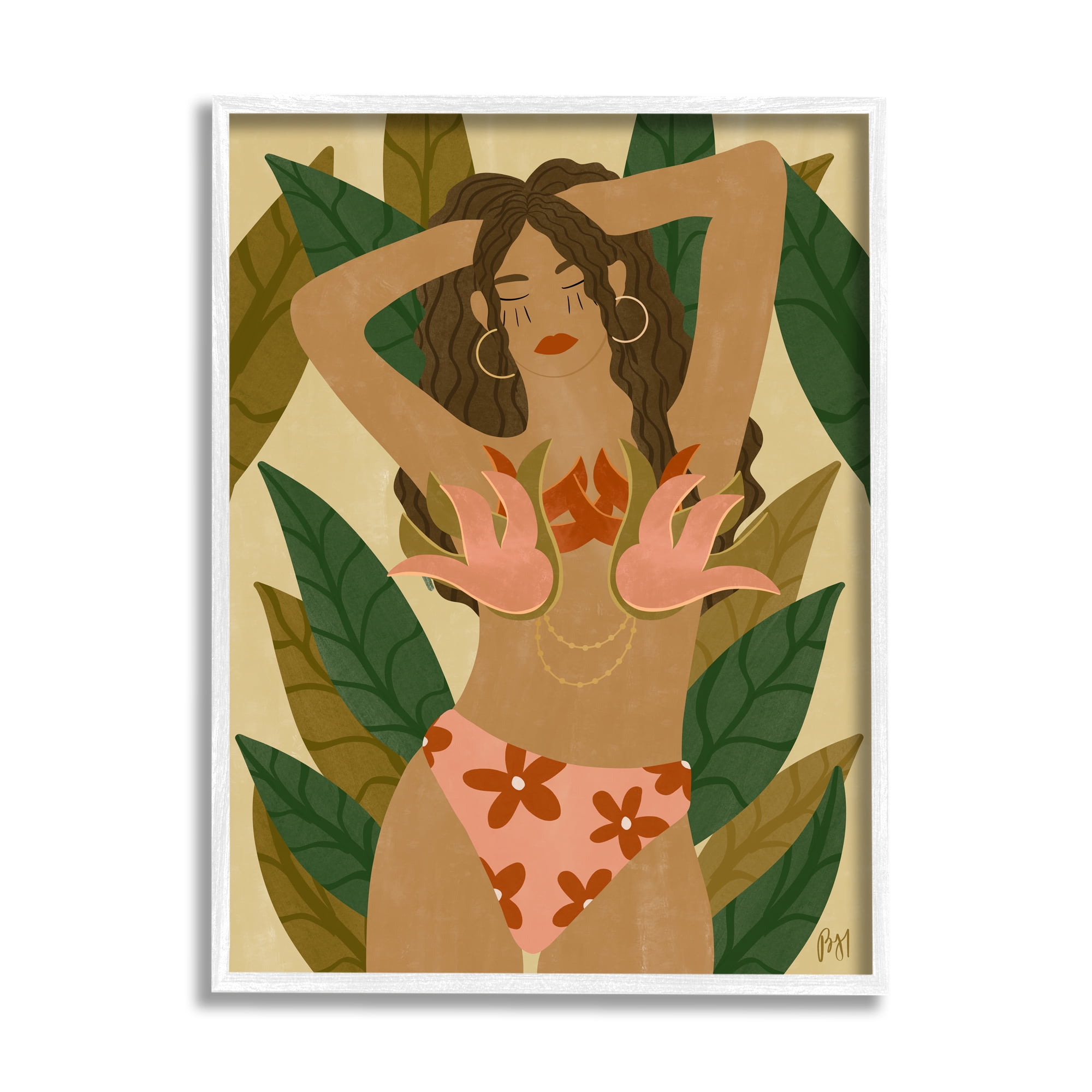 Stupell Indtries Female in Fierce Pink Bikini Over Tropical Plants,24 x 30,Design by Birch&Ink