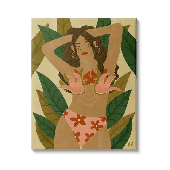 Stupell Indtries Female in Fierce Pink Bikini Over Tropical Plants,36 x 48,Design by Birch&Ink