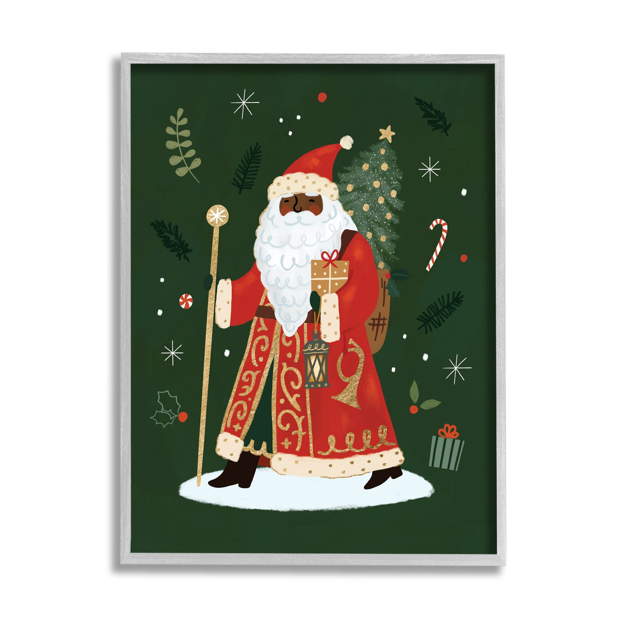 Green and Gray Santa Claus Holiday Framed Giclee Texturized Christmas Wall Art 14" x 11"