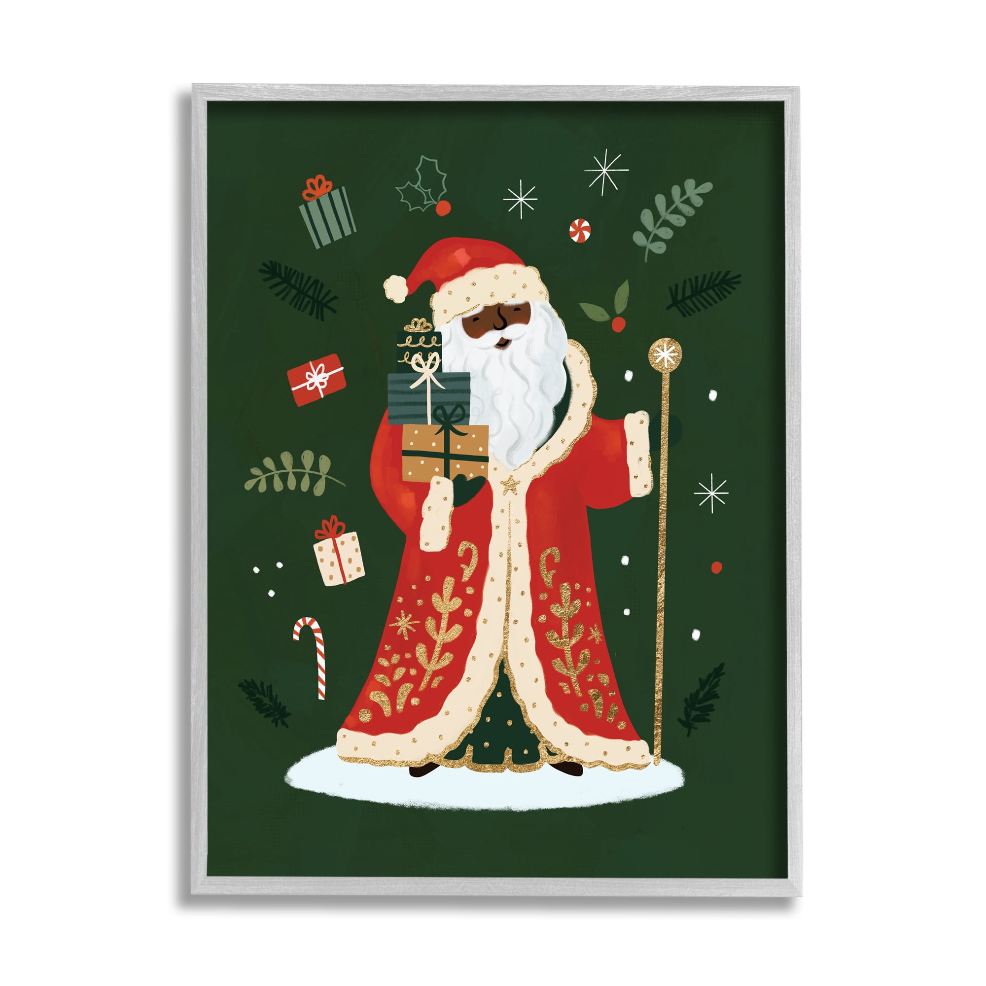 Stupell Industries Festive St. Nick Green Christmas Winter Holiday Holiday Painting Gray Framed Art Print Wall Art, 16 x 20
