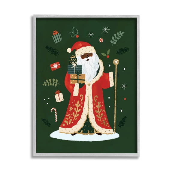 Stupell Industries Festive St. Nick Green Christmas Winter Holiday Holiday Painting Gray Framed Art Print Wall Art, 16 x 20
