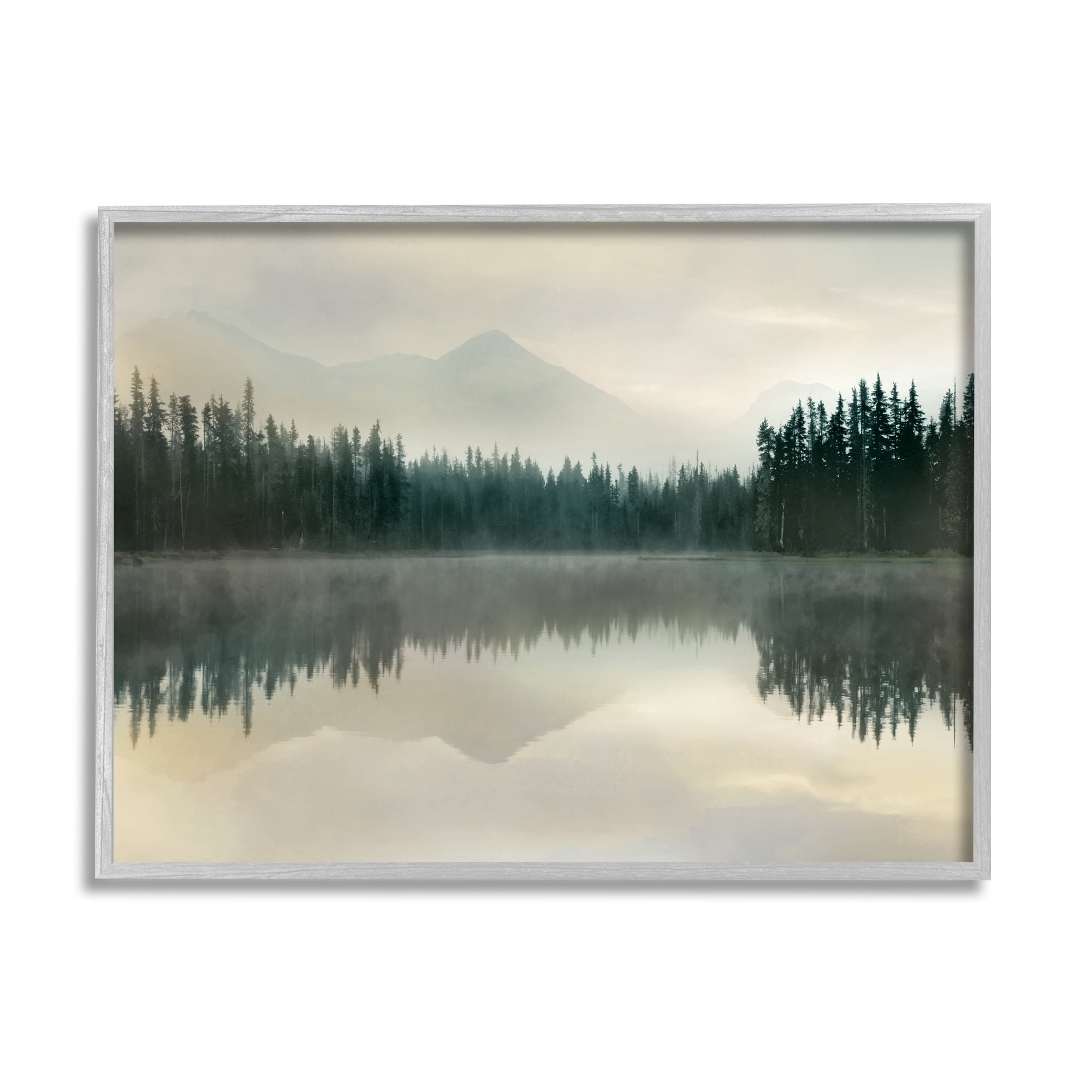 Foggy Lake Forest Landscape Gray Framed Canvas Print, 14 x 11