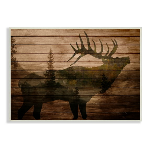 Stupell Indtries Forest Elk Silhouette Rtic Plank Pattern Tree Landscape,15 x 10,Design by Kim Allen