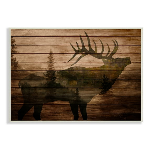Stupell Indtries Forest Elk Silhouette Rtic Plank Pattern Tree Landscape,15 x 10,Design by Kim Allen