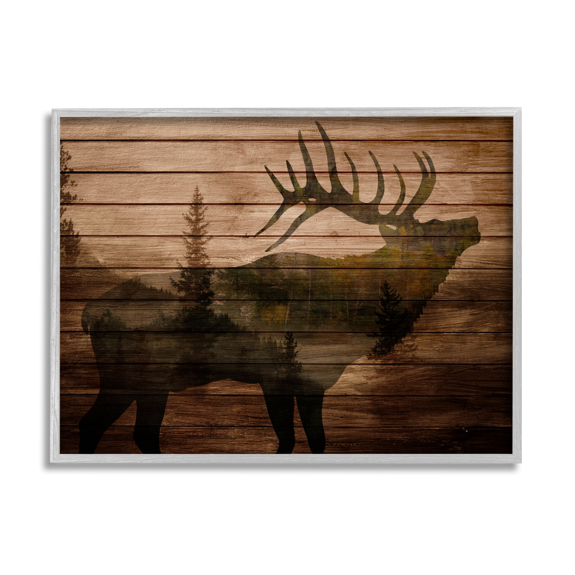 Stupell Indtries Forest Elk Silhouette Rtic Plank Pattern Tree Landscape,20 x 16,Design by Kim Allen