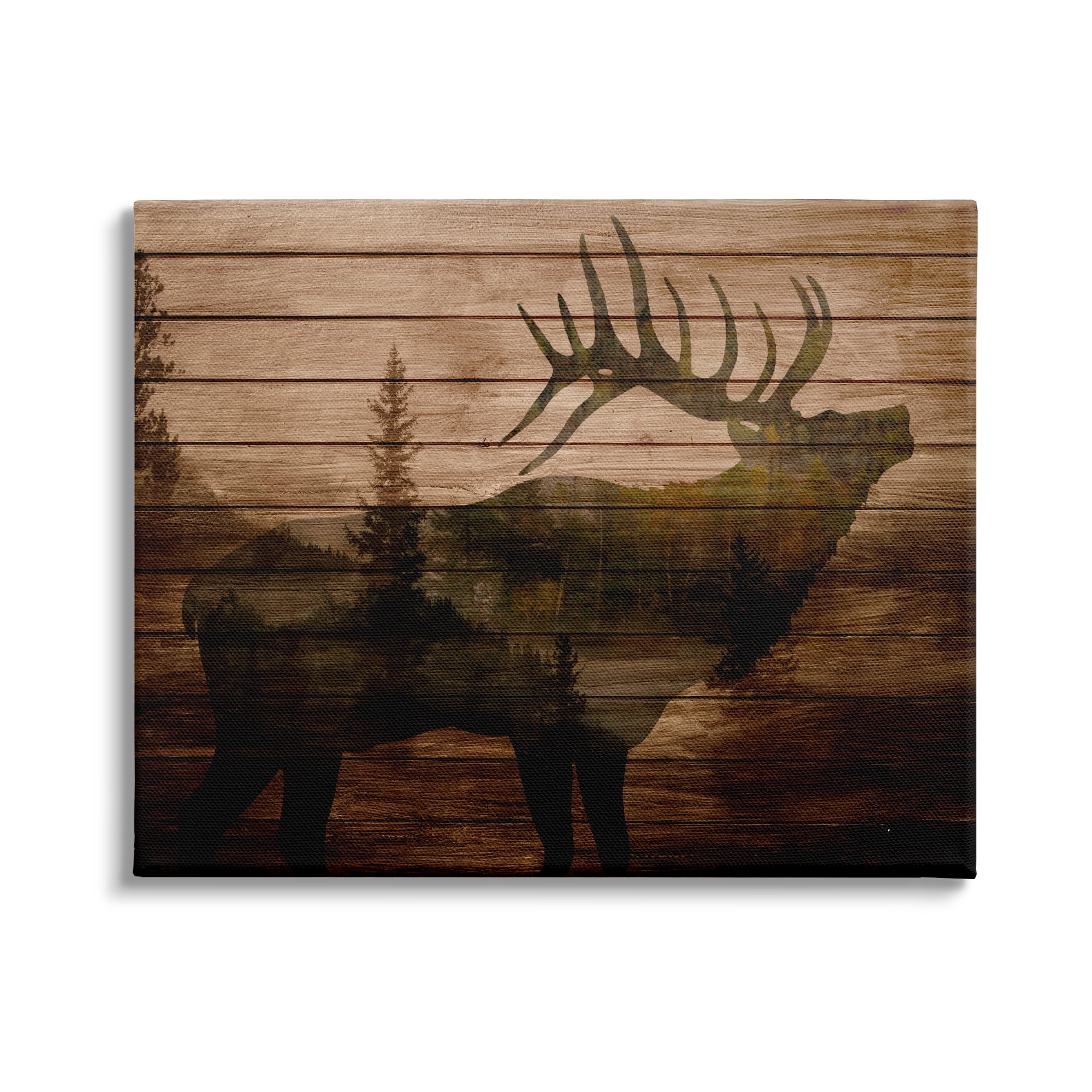 Stupell Indtries Forest Elk Silhouette Rtic Plank Pattern Tree Landscape,30 x 24,Design by Kim Allen