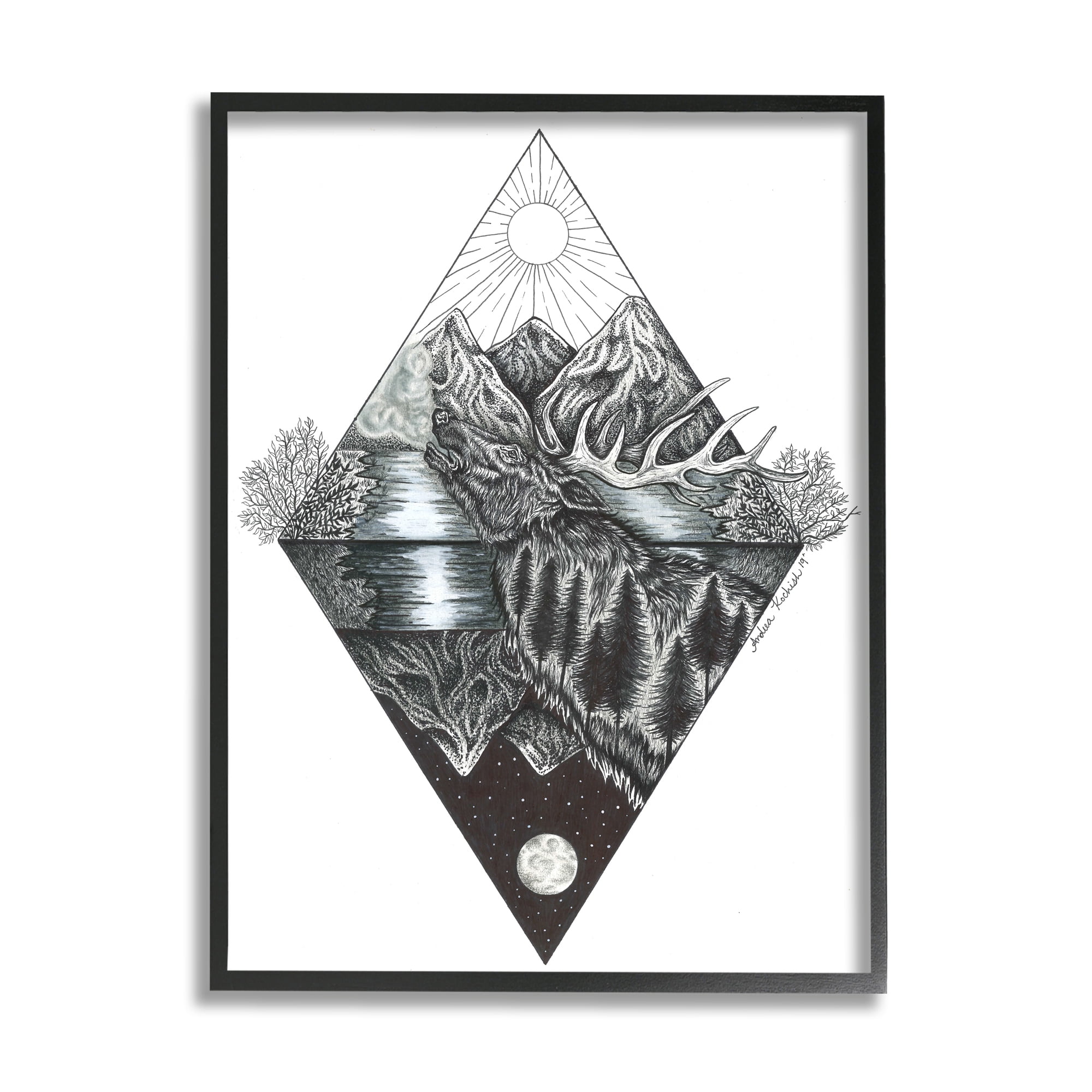 Stupell Indtries Geometric Forest Elk Portrait Day Night Abstract Reflection,11 x 14,Design by Andrea Kochish
