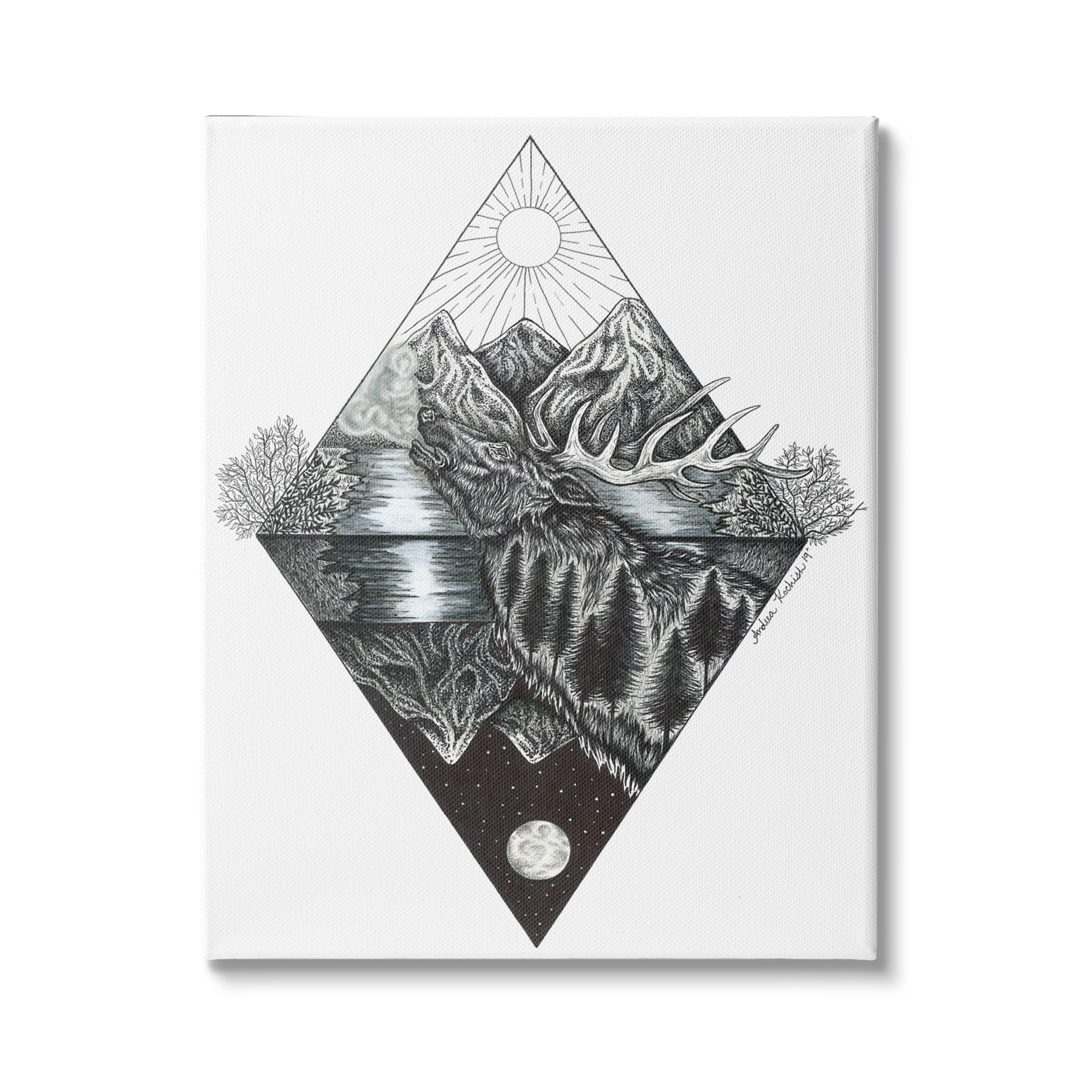 Stupell Indtries Geometric Forest Elk Portrait Day Night Abstract Reflection,16 x 20,Design by Andrea Kochish