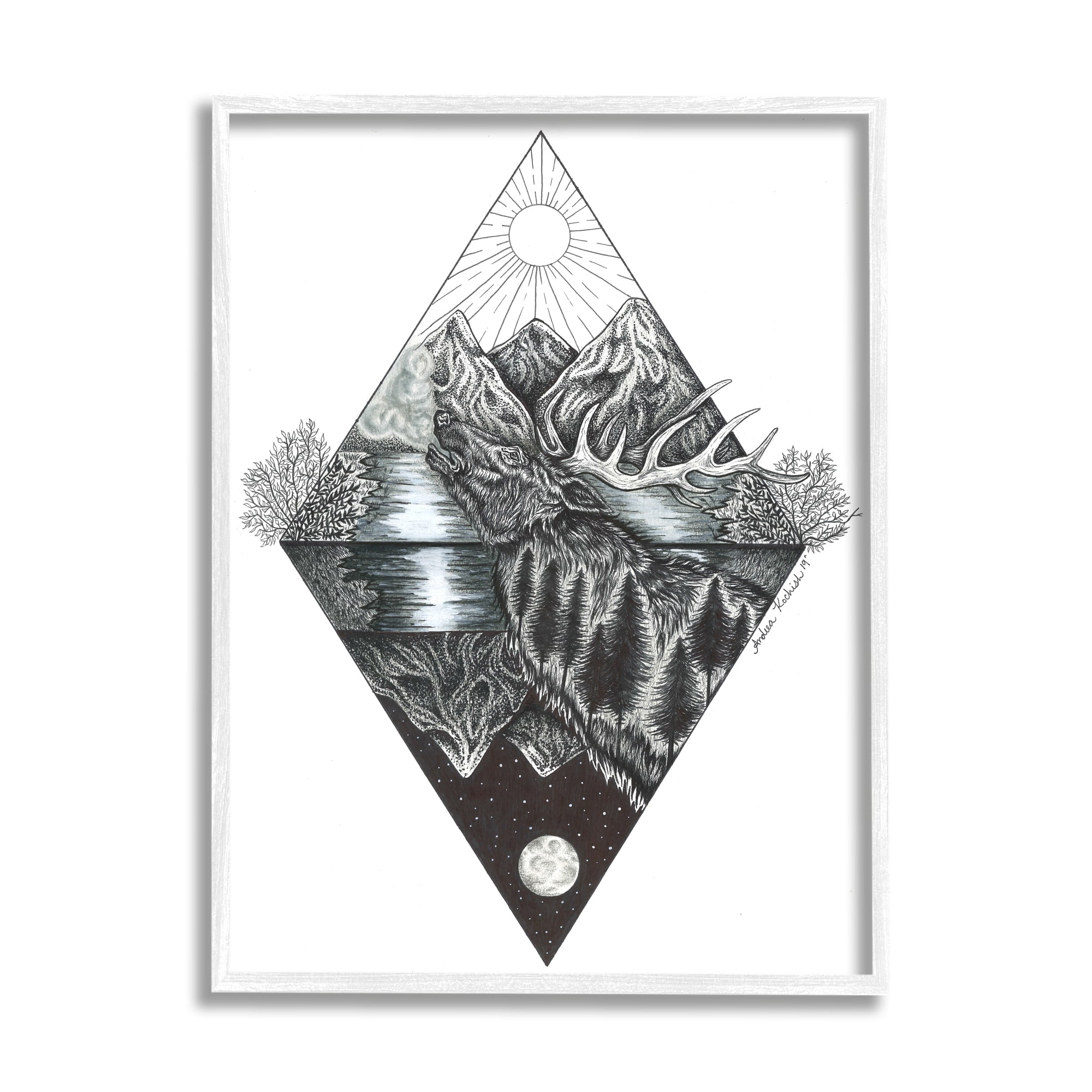 Stupell Indtries Geometric Forest Elk Portrait Day Night Abstract Reflection,16 x 20,Design by Andrea Kochish
