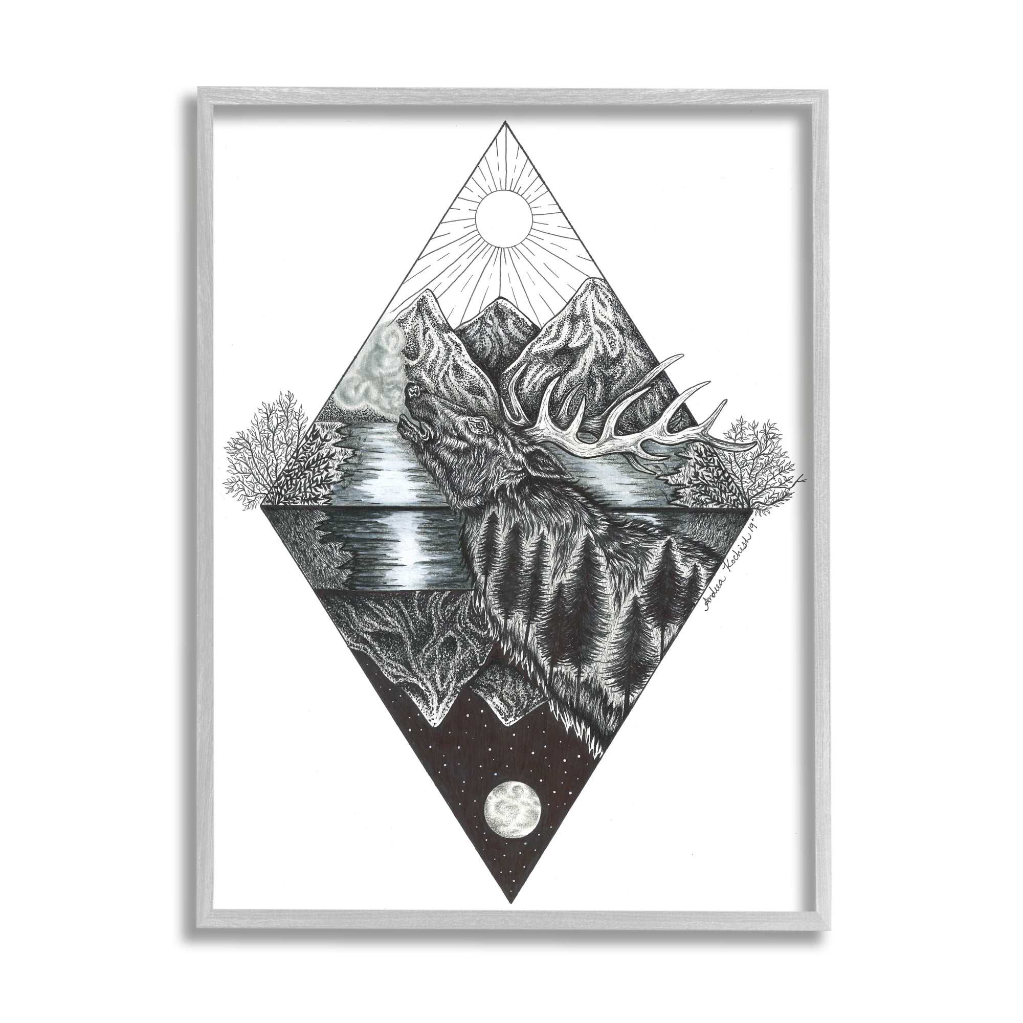 Stupell Indtries Geometric Forest Elk Portrait Day Night Abstract Reflection,24 x 30,Design by Andrea Kochish
