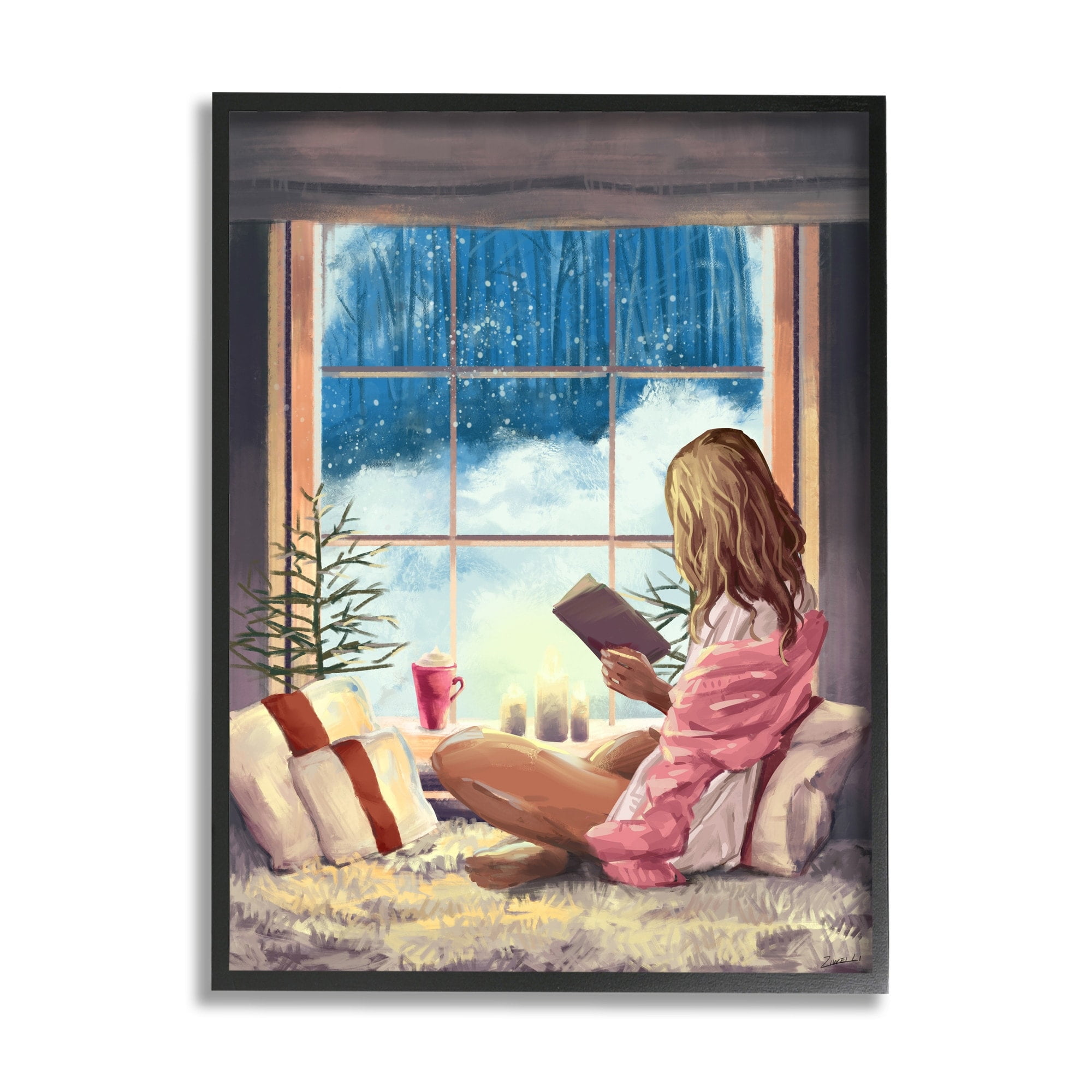 Stupell Indtries Girl Reading by Snowy Window Winter Holiday Black Framed, 16 x 20, Design by Ziwei Li