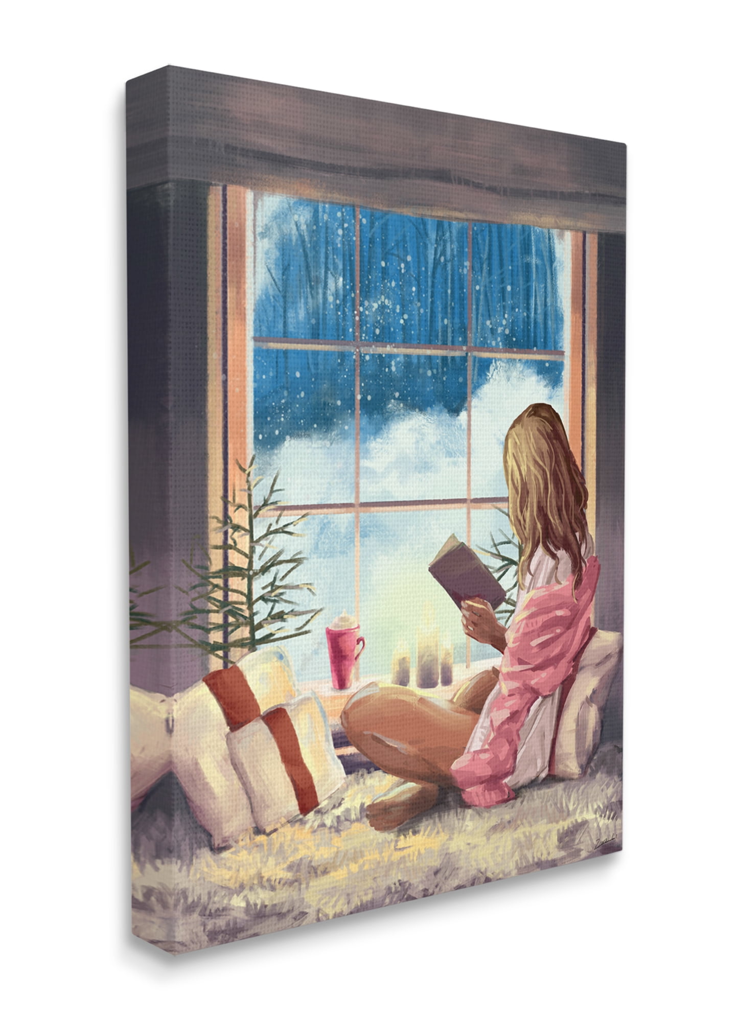 Stupell Indtries Girl Reading by Snowy Window Winter Holiday Canvas Wall Art, 16 x 20, Design by Ziwei Li