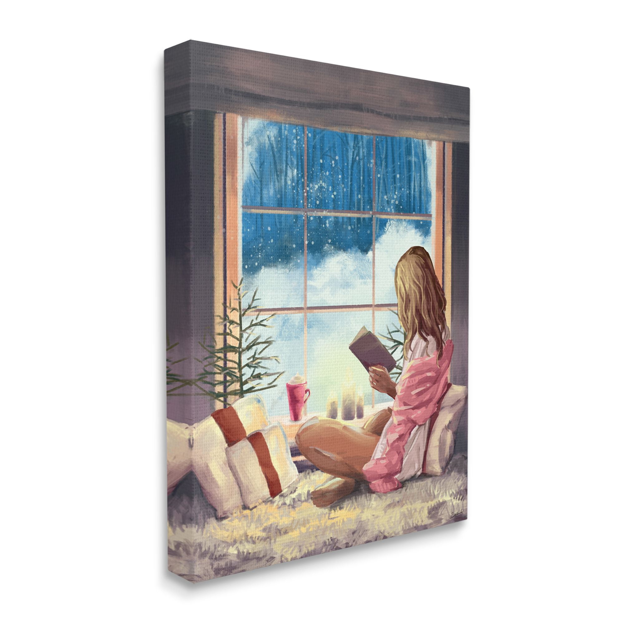 Stupell Indtries Girl Reading by Snowy Window Winter Holiday Canvas Wall Art, 36 x 48, Design by Ziwei Li