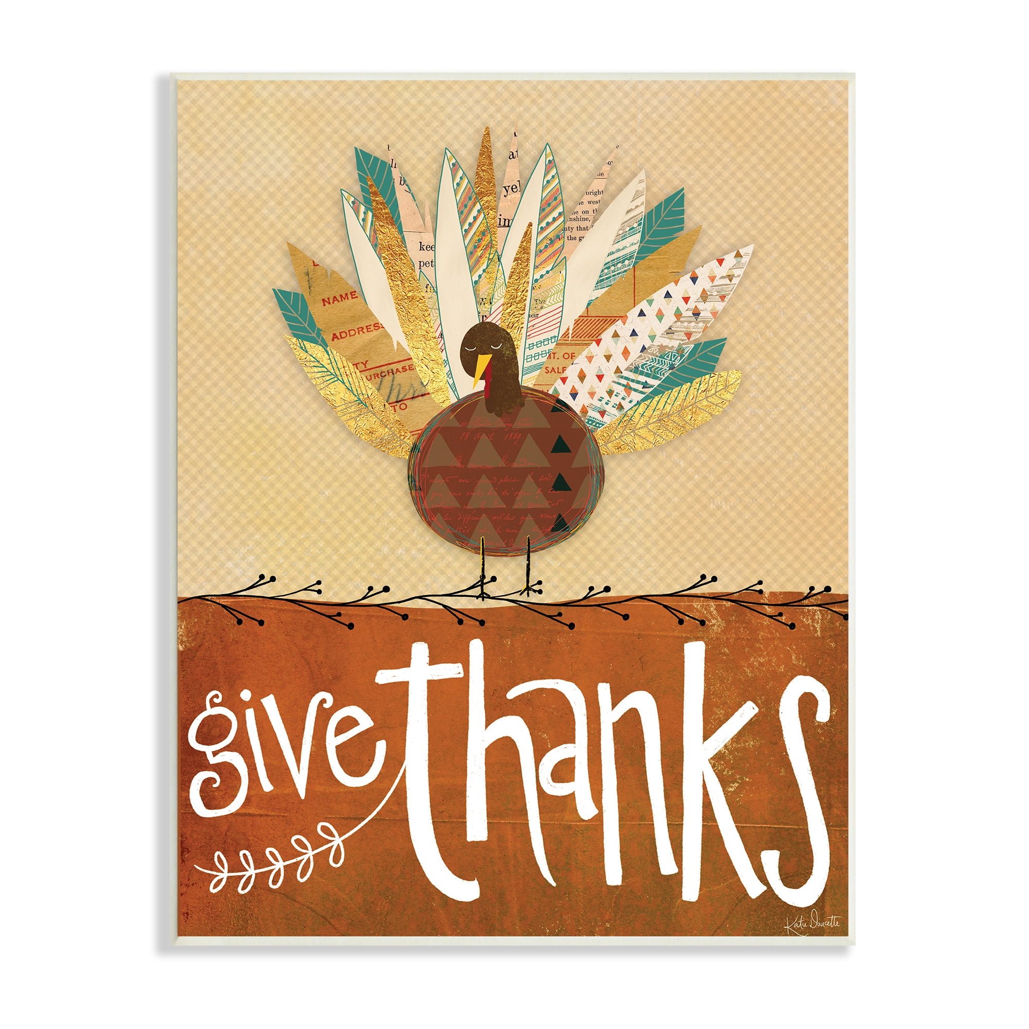 Stupell Indtries Give Thanks Phrase Patterned Feathers Wild Turkey Bird,10 x 15,Design by Katie Doucette