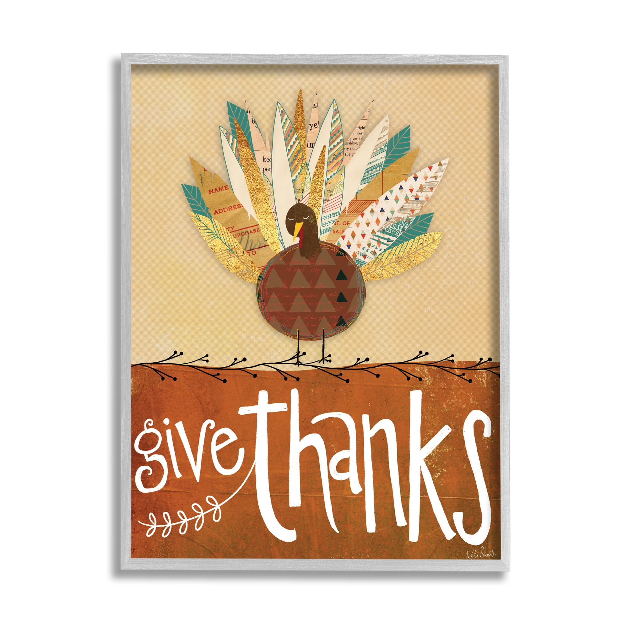 Stupell Indtries Give Thanks Phrase Patterned Feathers Wild Turkey Bird,11 x 14,Design by Katie Doucette