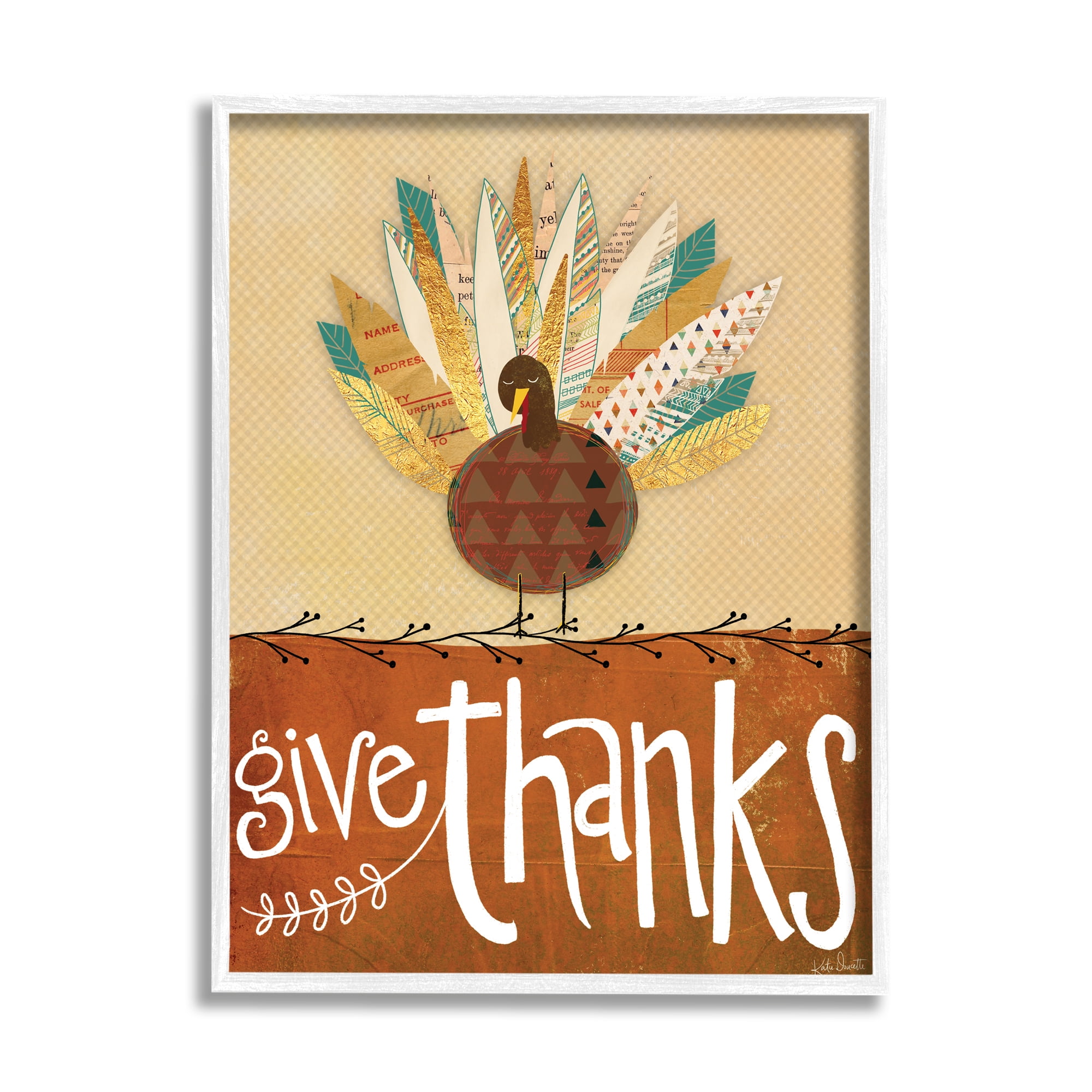 Stupell Indtries Give Thanks Phrase Patterned Feathers Wild Turkey Bird,16 x 20,Design by Katie Doucette