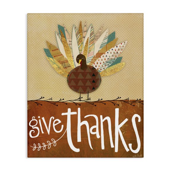 Stupell Industries Cottage Give Thanks Phrase Patterned Feathers Wild Turkey Bird Canvas Art, 16 x 20, by Katie Doucette