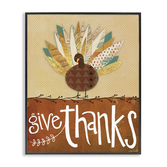Stupell Industries Cottage Give Thanks Phrase Patterned Feathers Wild Turkey Bird Black Framed Giclee Art, 24 x 30, by Katie Doucette