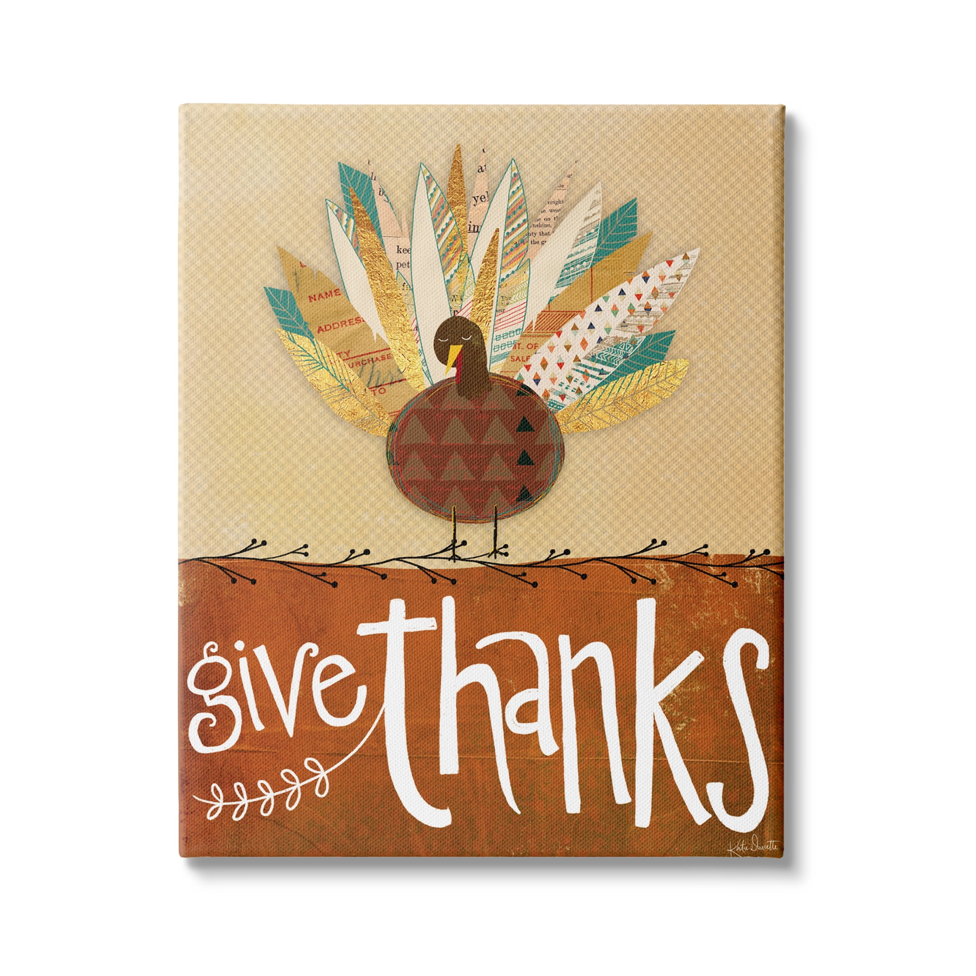 Stupell Indtries Give Thanks Phrase Patterned Feathers Wild Turkey Bird,30 x 40,Design by Katie Doucette