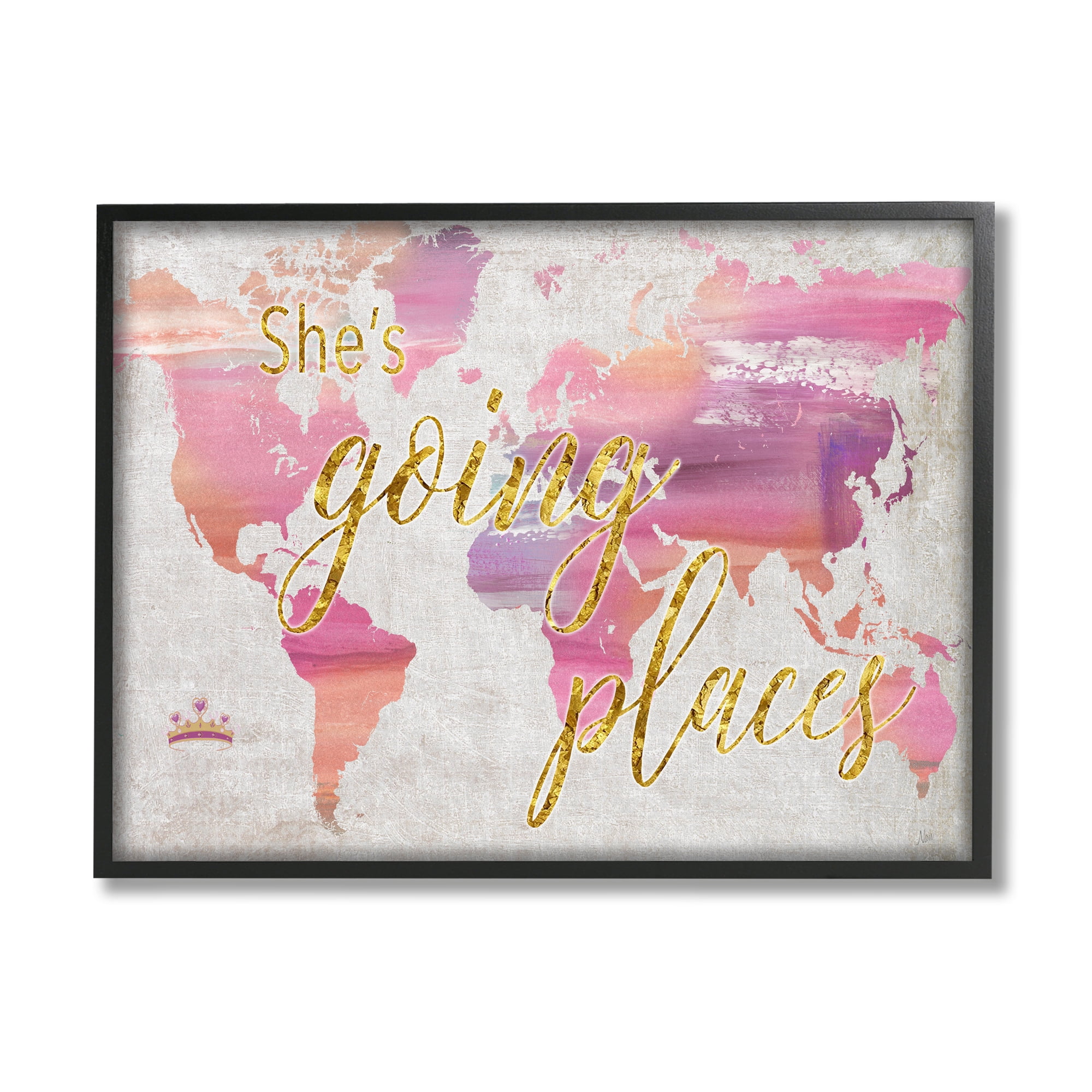 Stupell Indtries Glam Pink Ombre Map She's Going Places Phrase,14 x 11,Design by Nan
