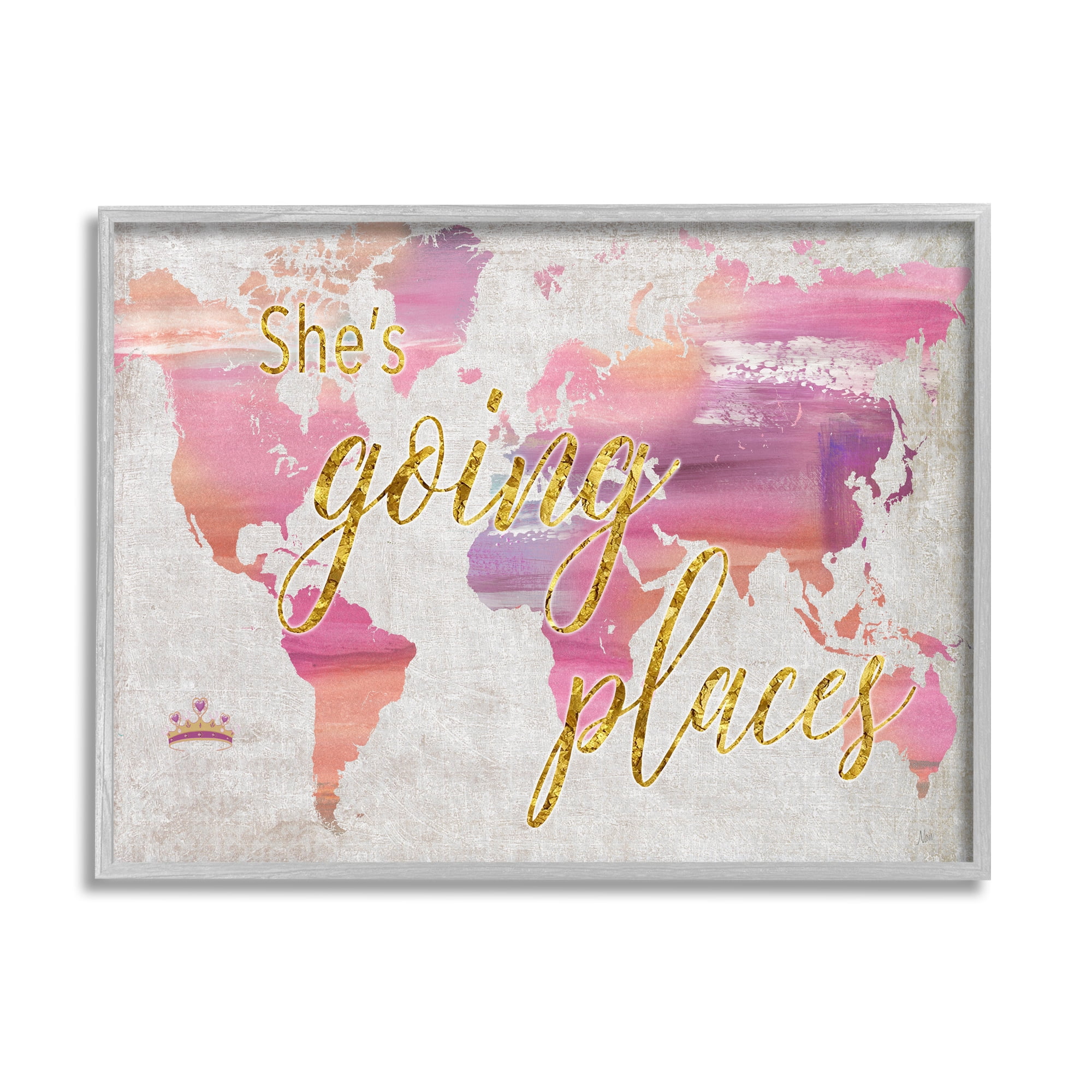 Stupell Indtries Glam Pink Ombre Map She's Going Places Phrase,14 x 11,Design by Nan