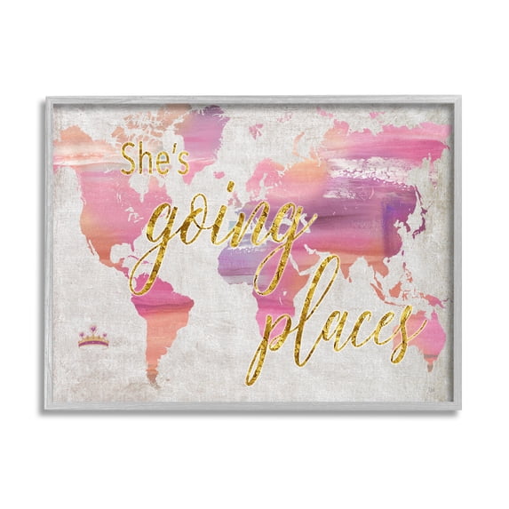 Stupell Indtries Glam Pink Ombre Map She's Going Places Phrase,14 x 11,Design by Nan