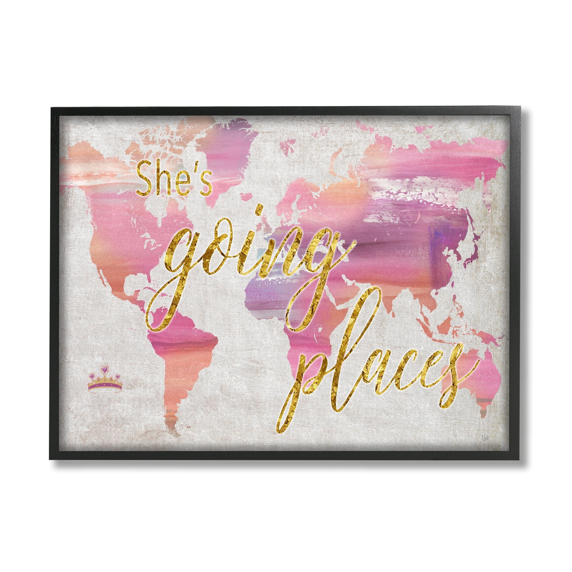 Stupell Indtries Glam Pink Ombre Map She's Going Places Phrase,30 x 24,Design by Nan