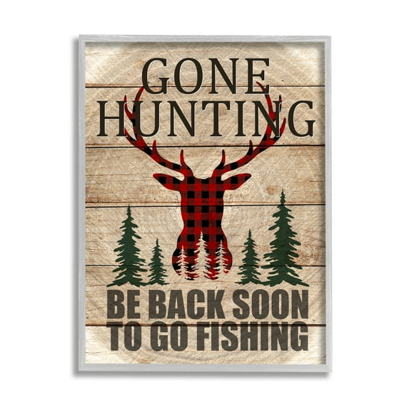 Stupell Indtries Gone Hunting Sign Rtic Forest Plaid Deer ,16 x 20,Design by Kim Allen