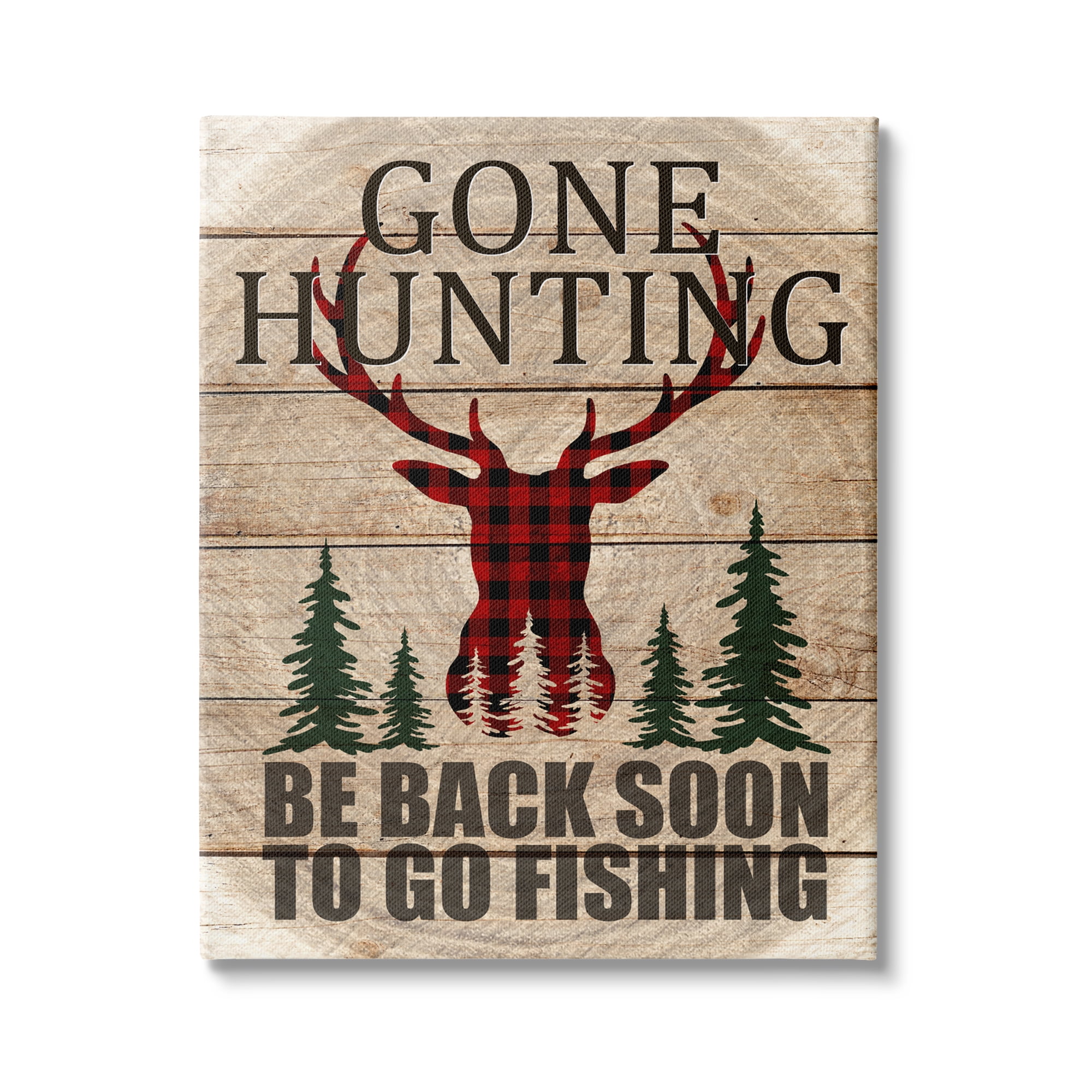 Stupell Industries Gone Hunting Sign Rustic Forest Plaid Deer, Designed by Kim Allen Canvas Wall Art, 36 x 48, Beige