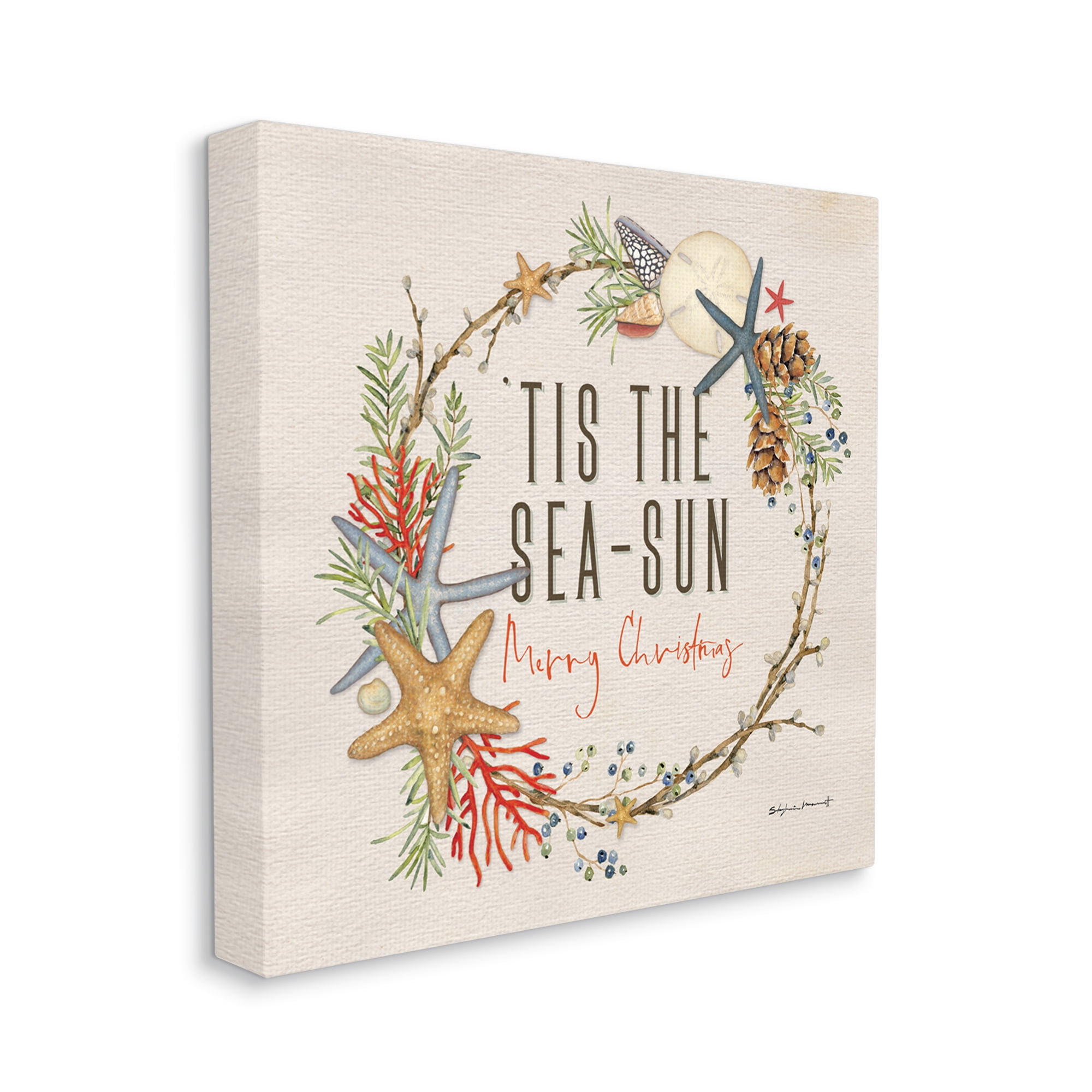 Stupell Industries Tis the Sea-Sun Nautical Christmas Wreath Nature Painting Gallery Wrapped Canvas Art Print Wall Art, 24 x 24