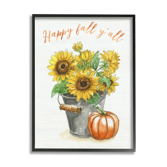 Stupell Indtries Happy Fall Y'all Greeting Sunflower Tin Bucket Pumpkin,11 x 14,Design by Nan
