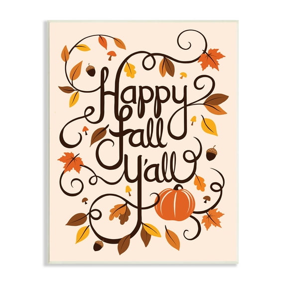 Stupell Indtries Happy Fall Y'all Phrase Autumn Foliage Typography Acorns,10 x 15,Design by Jo Taylor