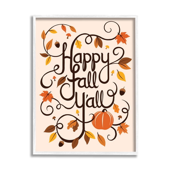 Stupell Indtries Happy Fall Y'all Phrase Autumn Foliage Typography Acorns,11 x 14,Design by Jo Taylor