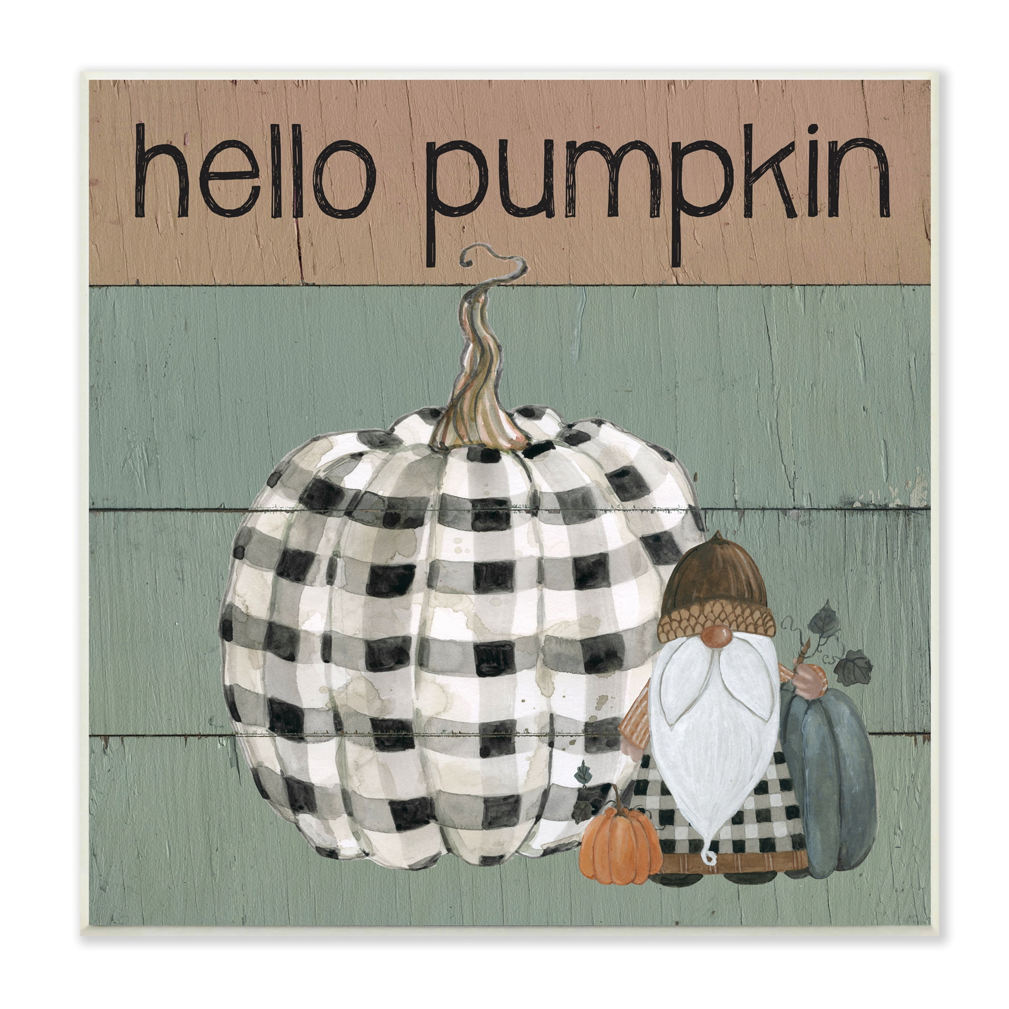 Stupell Indtries Hello Pumpkin Rtic Greeting Patchwork Plaid Gnome,12 x 12,Design by Livi Finn