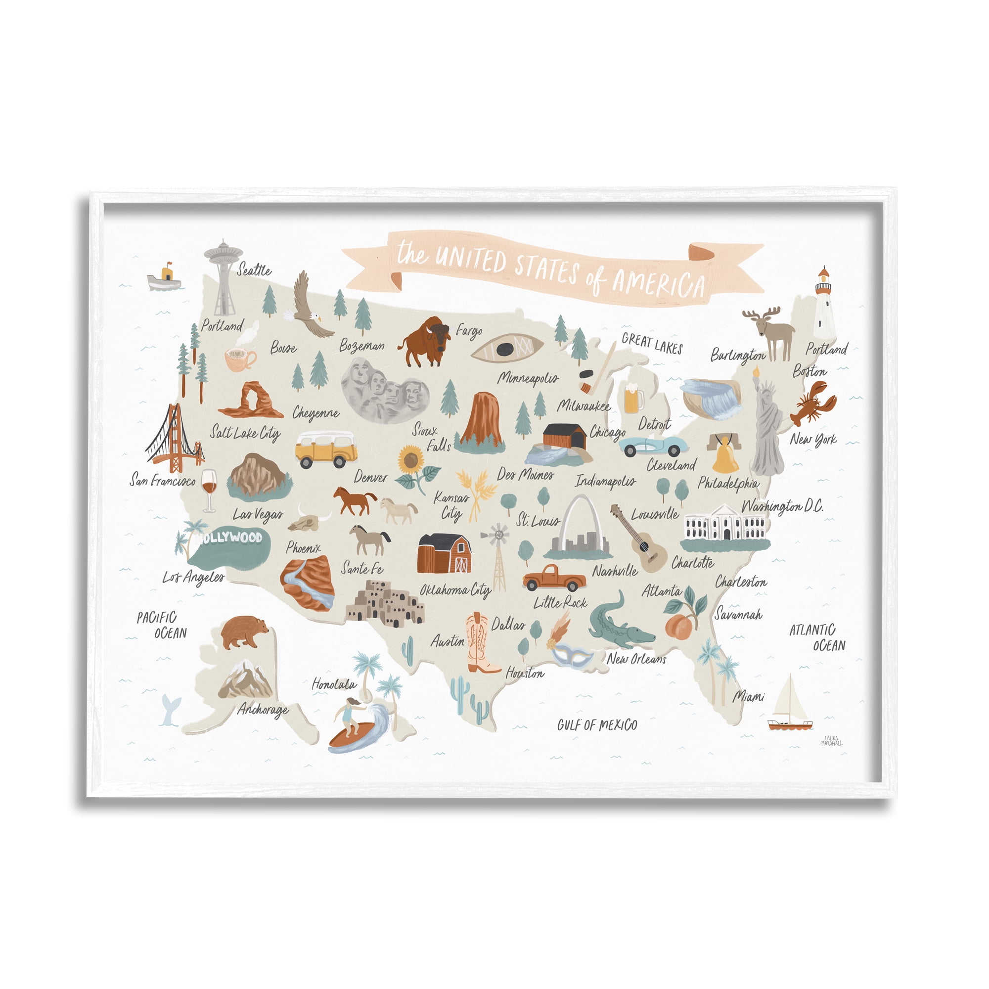 Stupell Indtries Illtrated Landmark Map Soft Brown ,14 x 11,Design by Laura Marshall