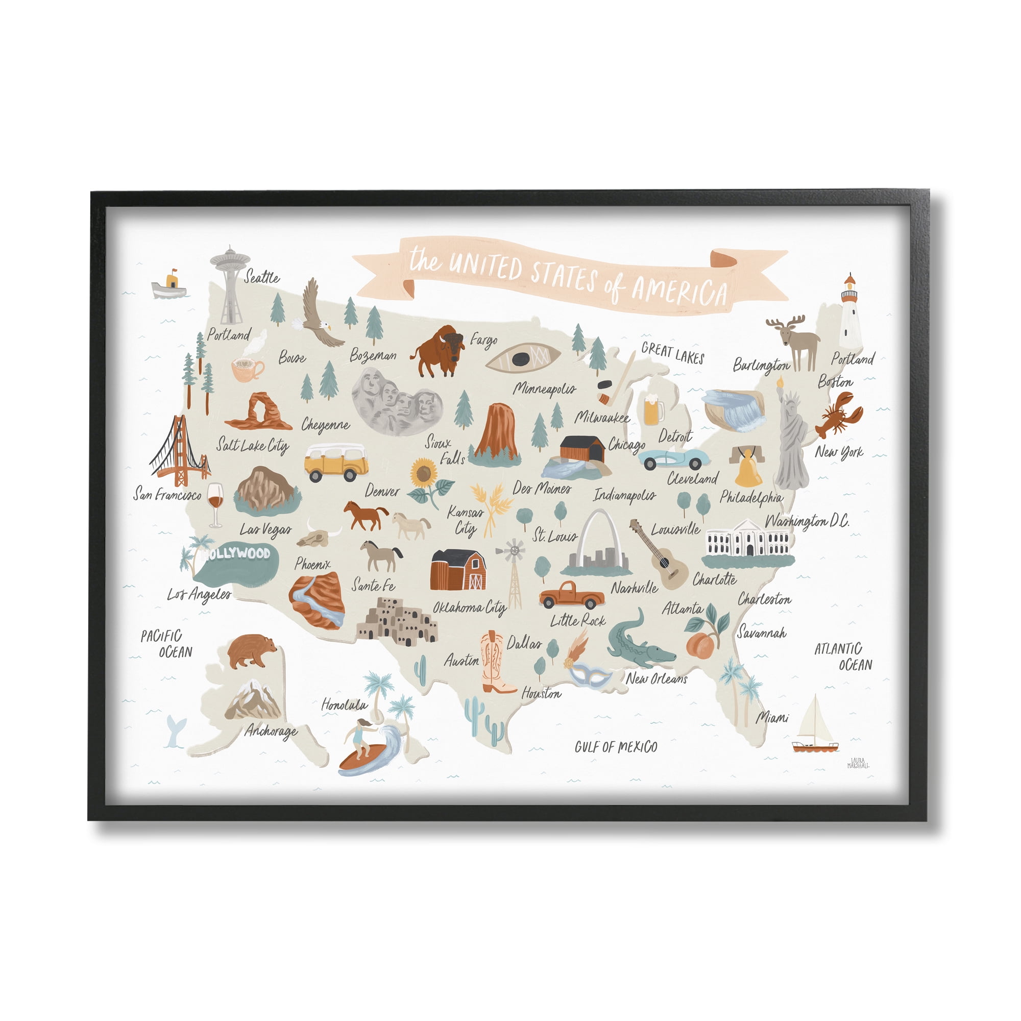 Stupell Indtries Illtrated Landmark Map Soft Brown ,14 x 11,Design by Laura Marshall
