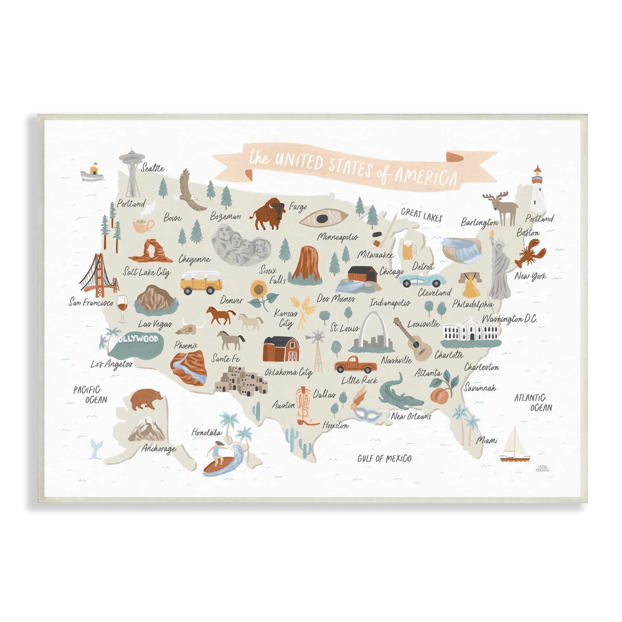 Stupell Indtries Illtrated Landmark Map Soft Brown ,19 x 13,Design by Laura Marshall