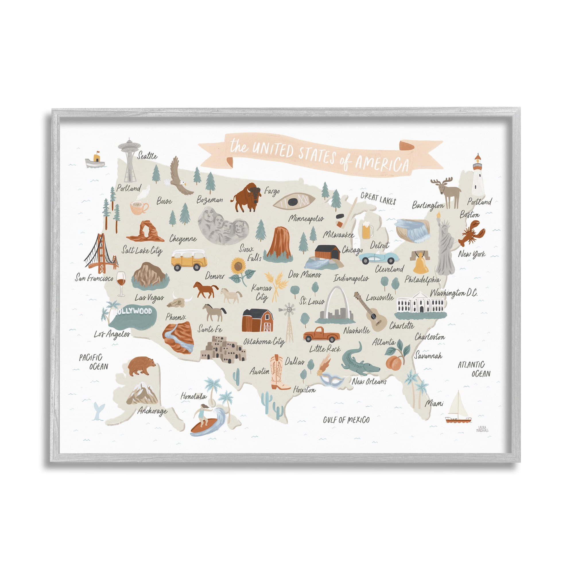 Stupell Indtries Illtrated Landmark Map Soft Brown ,20 x 16,Design by Laura Marshall