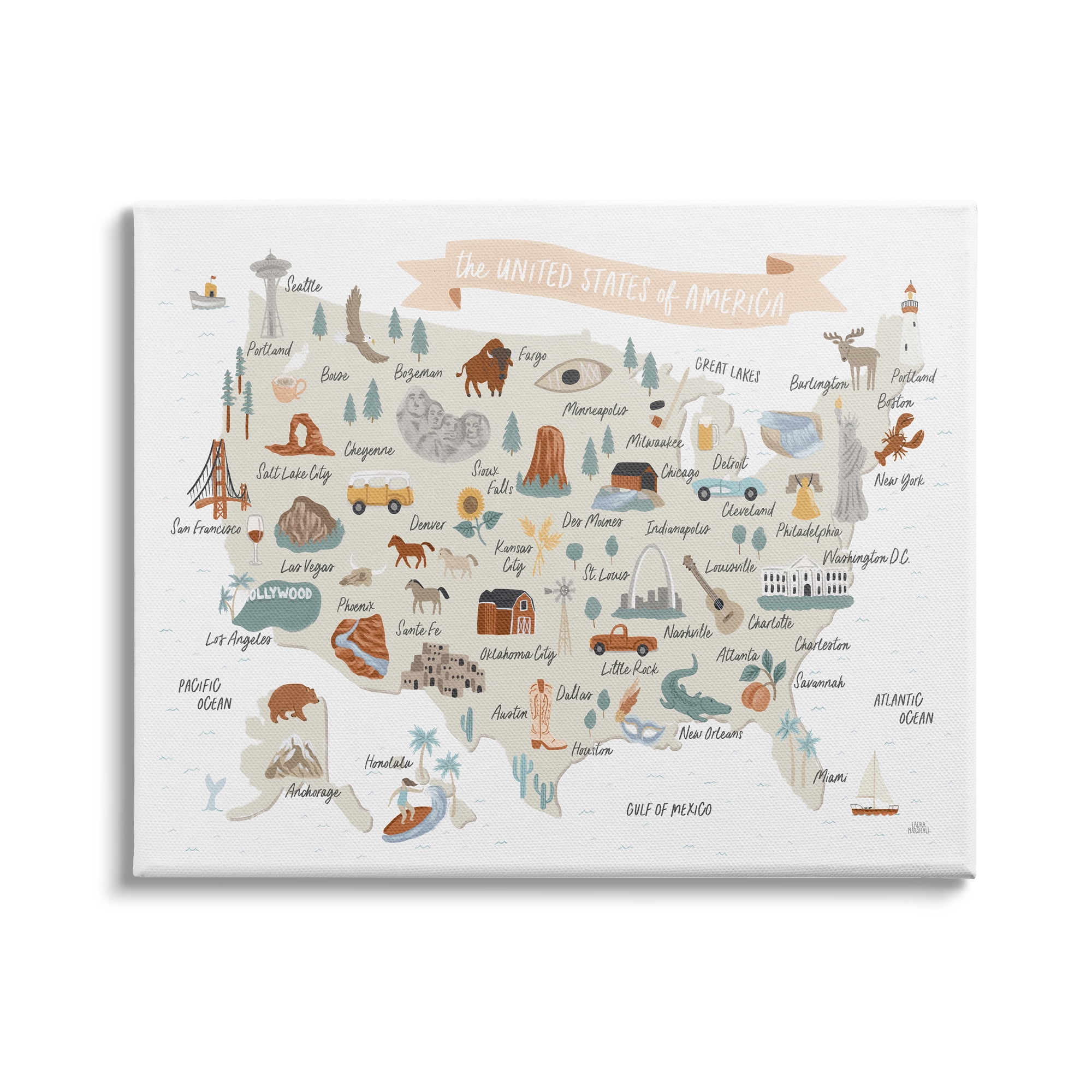 Stupell Indtries Illtrated Landmark Map Soft Brown ,48 x 36,Design by Laura Marshall