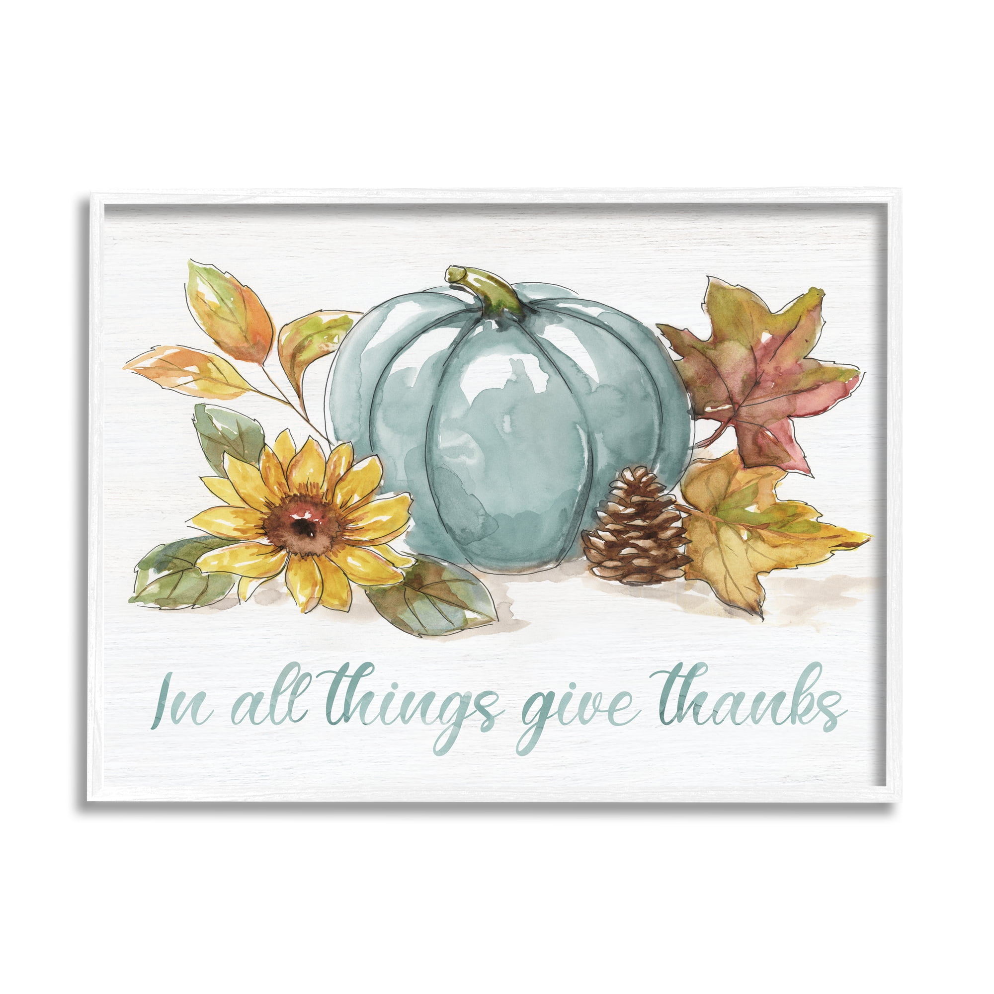 Blue Pumpkin Fall Sentiment White Wood Framed Wall Art