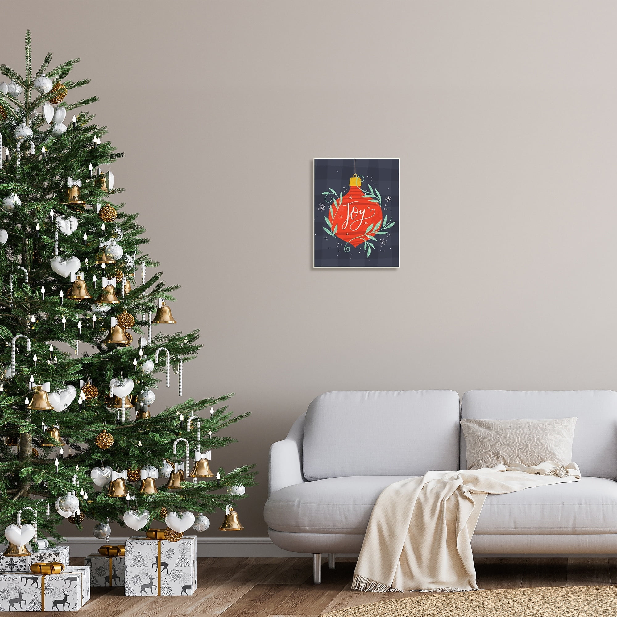 Stupell Indtries Joy Sentiment Festive Red Holiday Ornament Grey Plaid,13 x 19,Design by Loni Harris