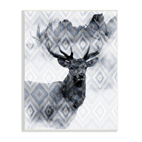 Stupell Indtries Large Antler Elk Portrait Rtic Blue Diamond Pattern,10 x 15,Design by Kim Allen